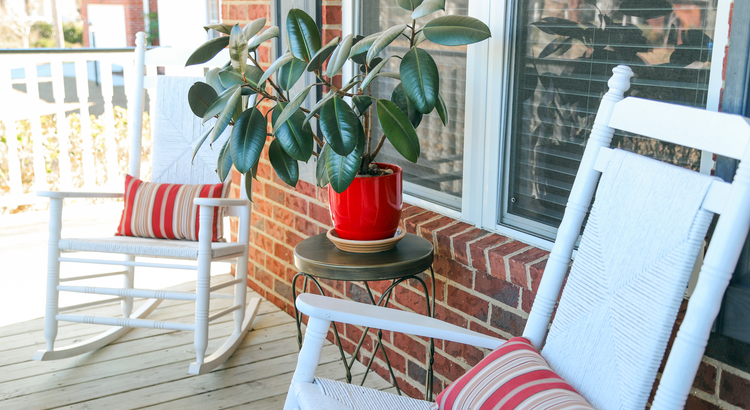 Front porch with chairs and table with a plant on it