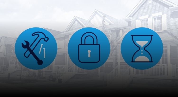 Graphic of tools, a lock, and an hourglass against a background of houses