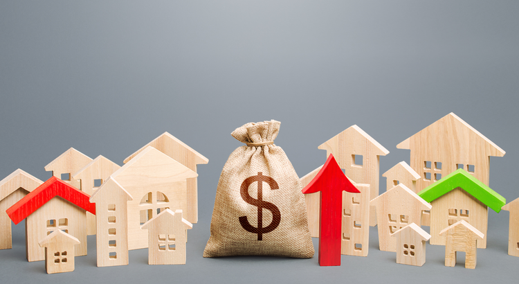 Graphic of houses and a bag of money with a red up arrow