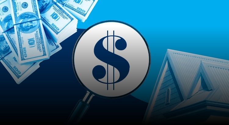 Graphic showing stacks of money, a magnifying glass and a house