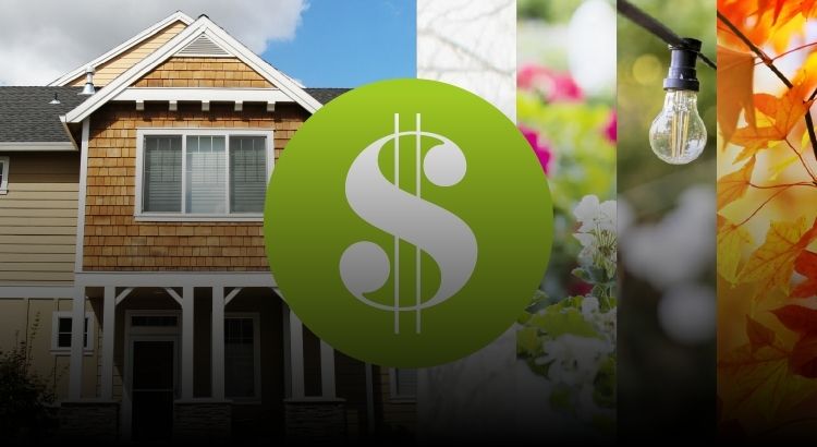 Graphic of house, flowers, and autumn leaves overlayed with a dollar sign