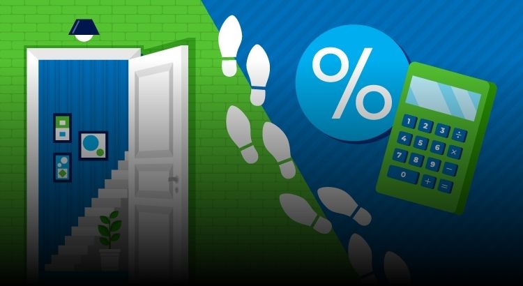 Graphic of a door opening on a house a calculator and percent sign