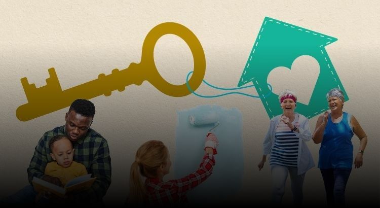 Graphic of a key and a house with photos of people walking, painting and reading a book