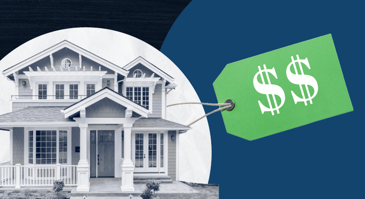 An image of a house with a green price tag showing dollar signs ($$), indicating the concept of real estate pricing or home valuation.
