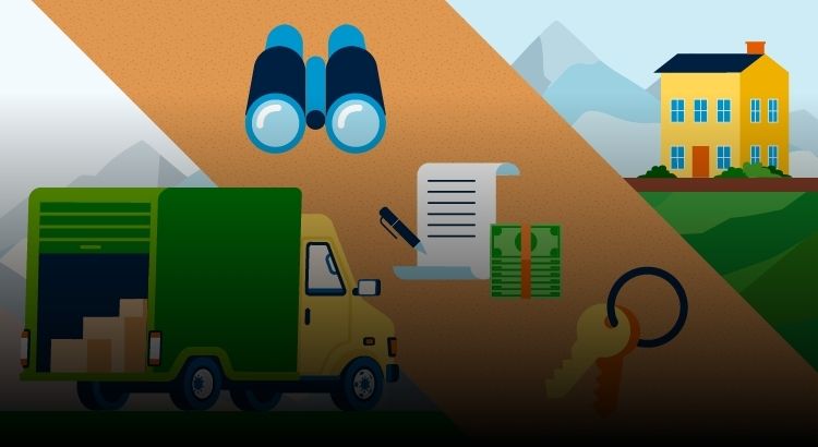 Graphic of a moving truck, keys, a house, binoculars and contract