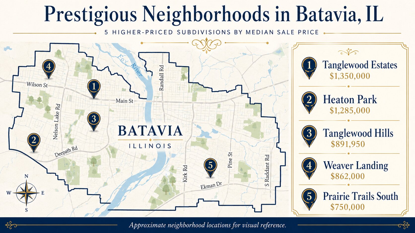 Map showing five prestigious Batavia IL neighborhoods ranked by median sale price