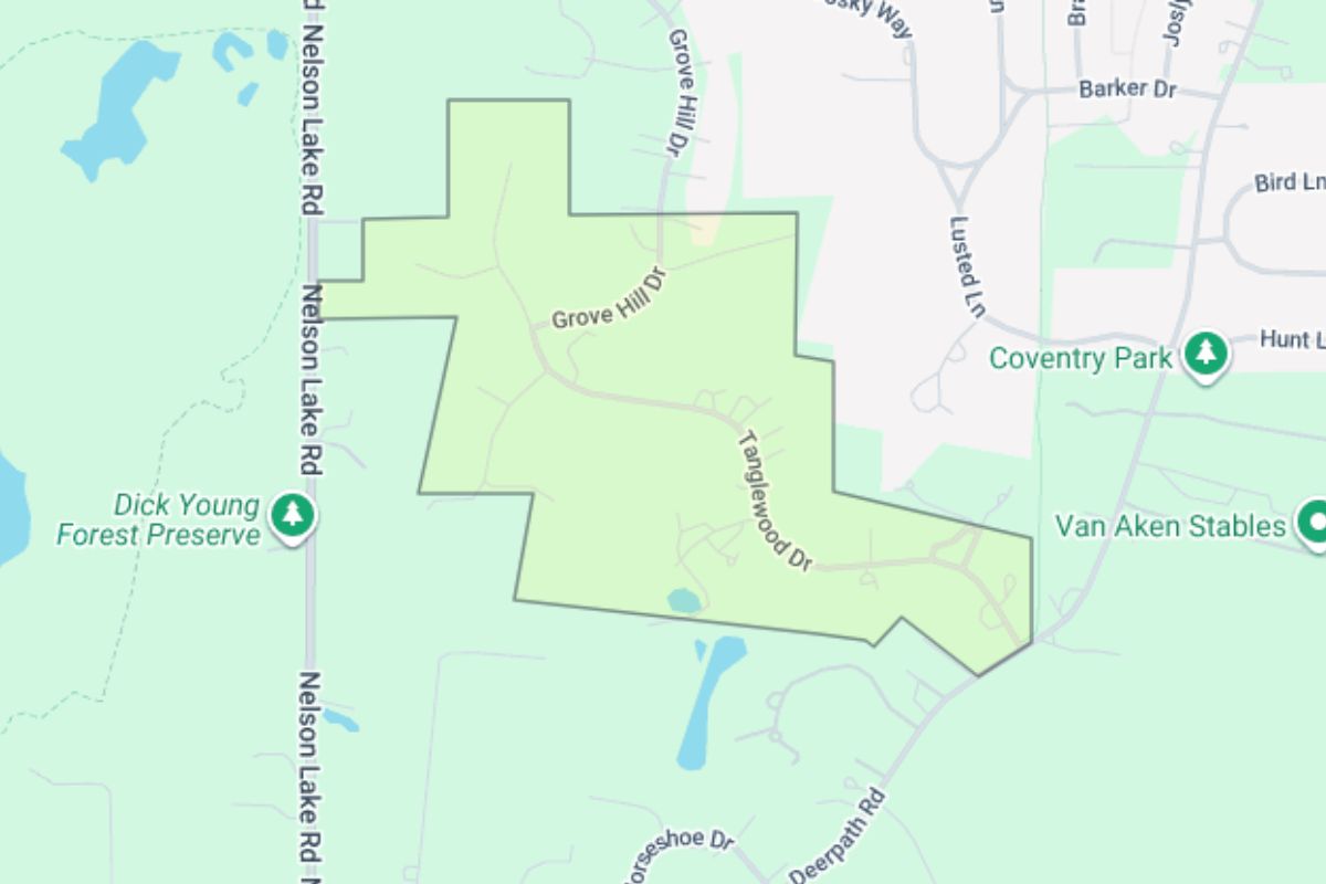 Map of Tanglewood Estates in Batavia, IL near Nelson Lake Road and Dick Young Forest Preserve.