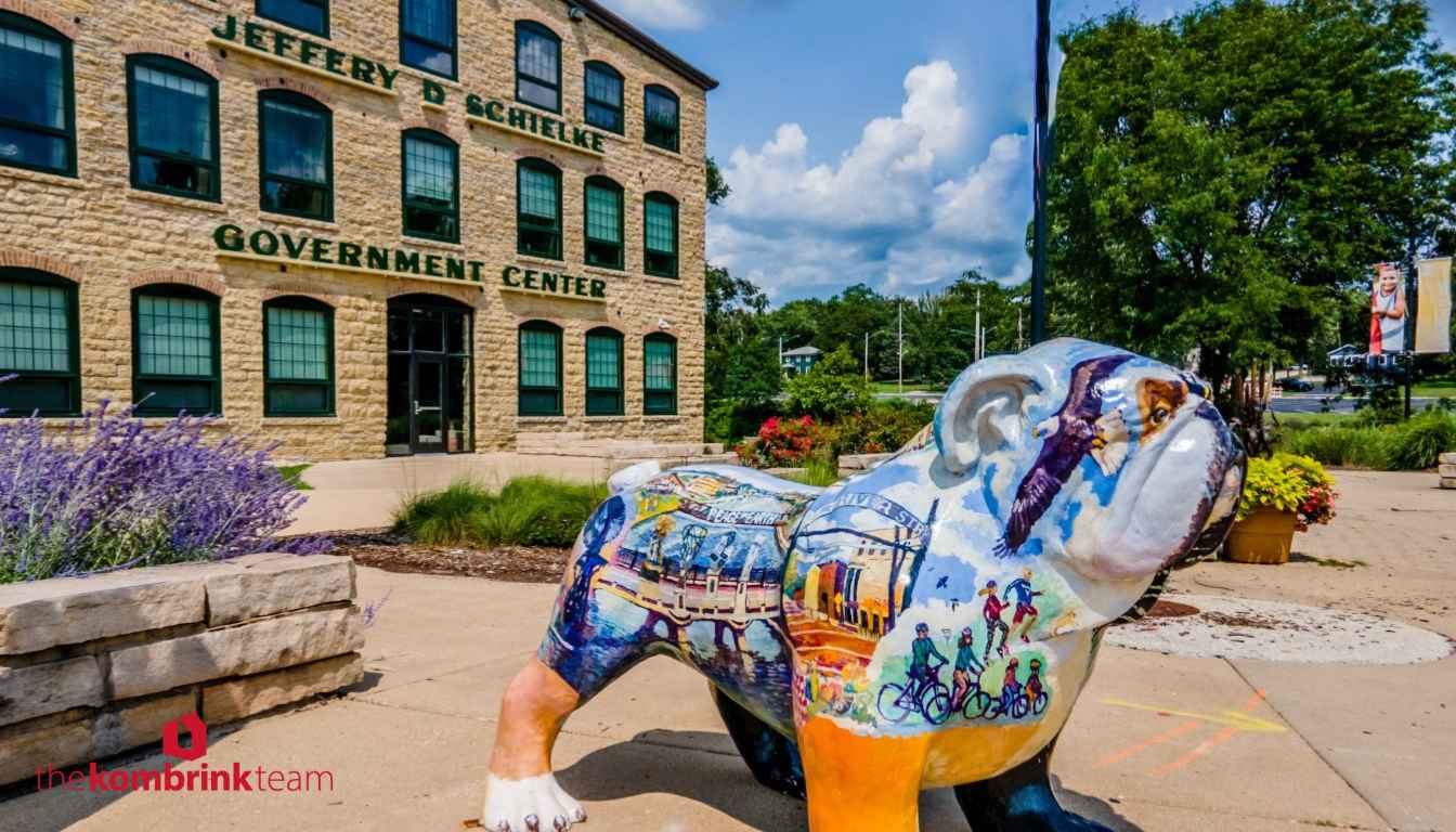 Painted bulldog sculpture outside the Jeffrey D. Schielke Government Center in downtown Batavia, Illinois.