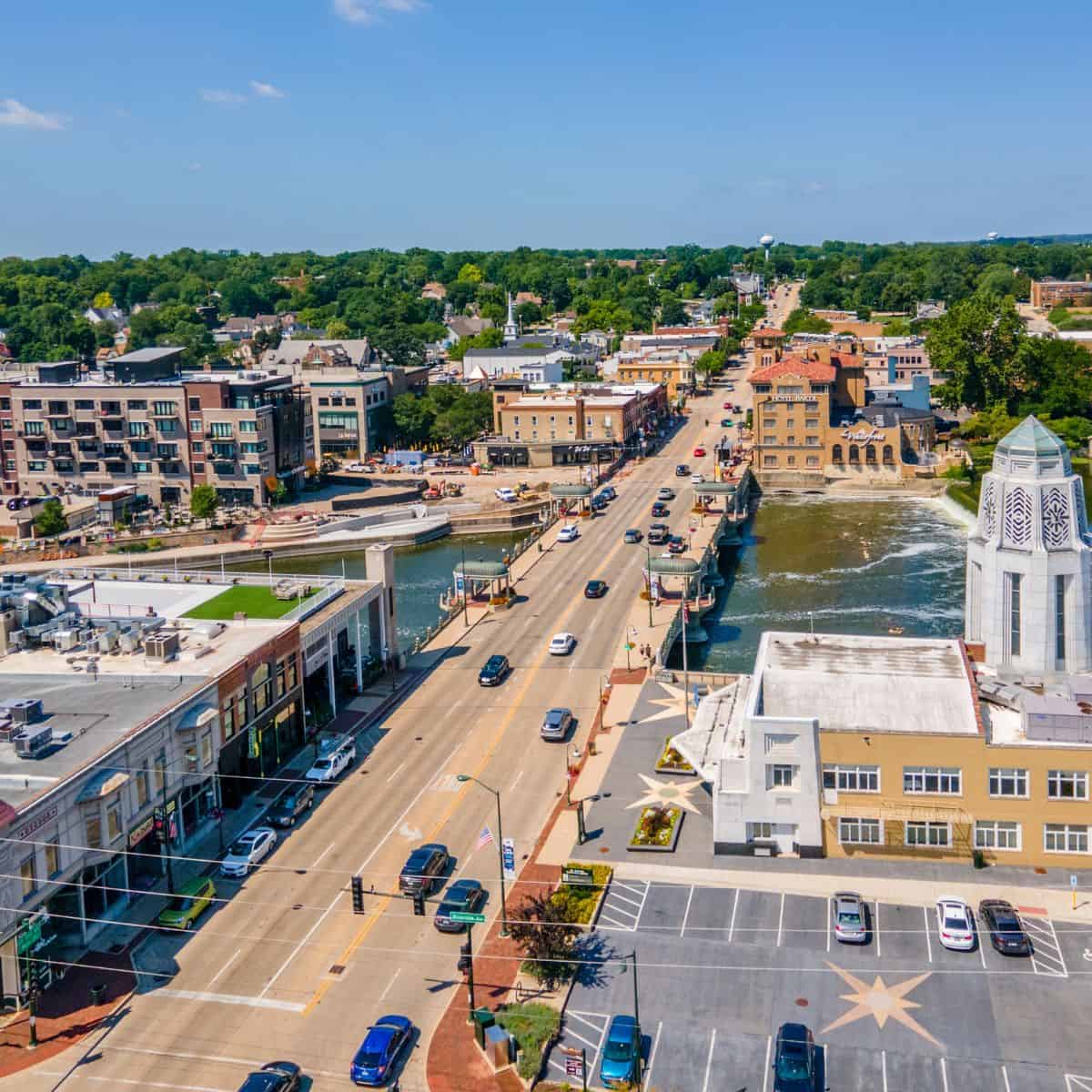 Aerial photo of downtown St Charles, Illinois and Fox River