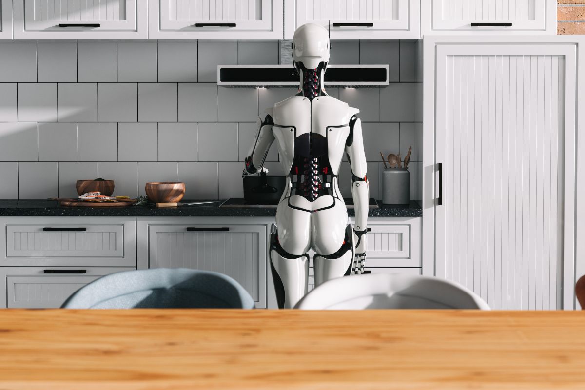 Humanoid robot standing in a modern kitchen, illustrating the limits of AI-powered home valuations