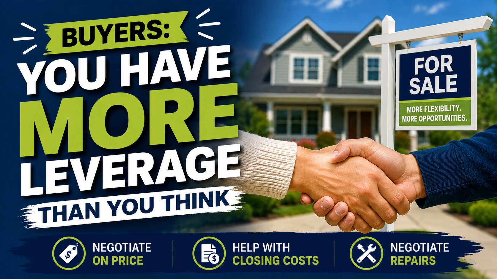 Home buyers negotiating a real estate deal with a for sale sign and message about increased buyer leverage.