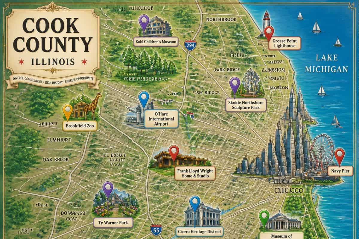 Illustrated map of Cook County Illinois featuring Chicago, Navy Pier, O’Hare Airport and popular suburban landmarks for Cook County open houses page.
