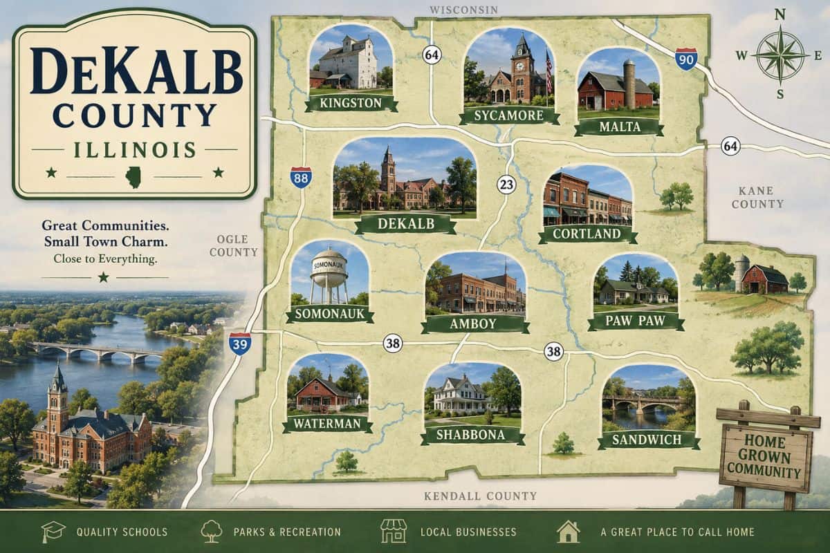 Illustrated map of DeKalb County Illinois featuring DeKalb, Sycamore, Sandwich, Malta and other local communities for DeKalb County open houses page