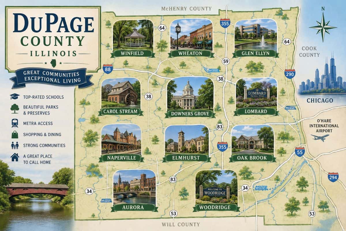 Illustrated map of DuPage County Illinois featuring Wheaton, Naperville, Elmhurst, Lombard, Glen Ellyn and other suburban communities for DuPage County open houses page.