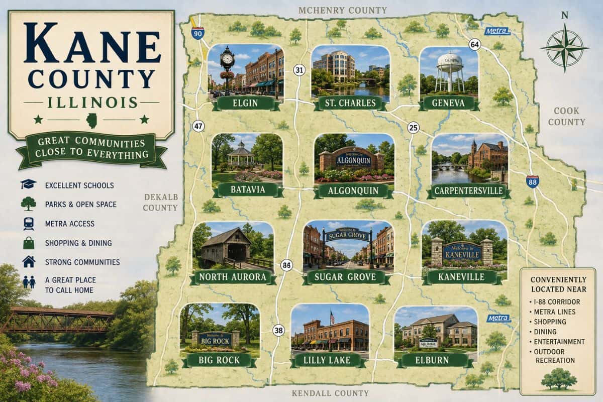 Illustrated map of Kane County Illinois featuring Geneva, St. Charles, Batavia, Elgin, Sugar Grove and other local communities for Kane County open houses page.