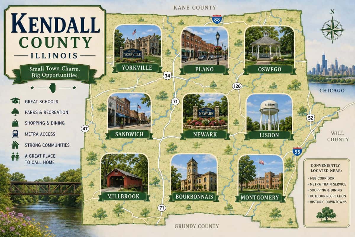 Illustrated map of Kendall County Illinois featuring Yorkville, Oswego, Plano, Montgomery, Newark and surrounding communities for Kendall County open houses page