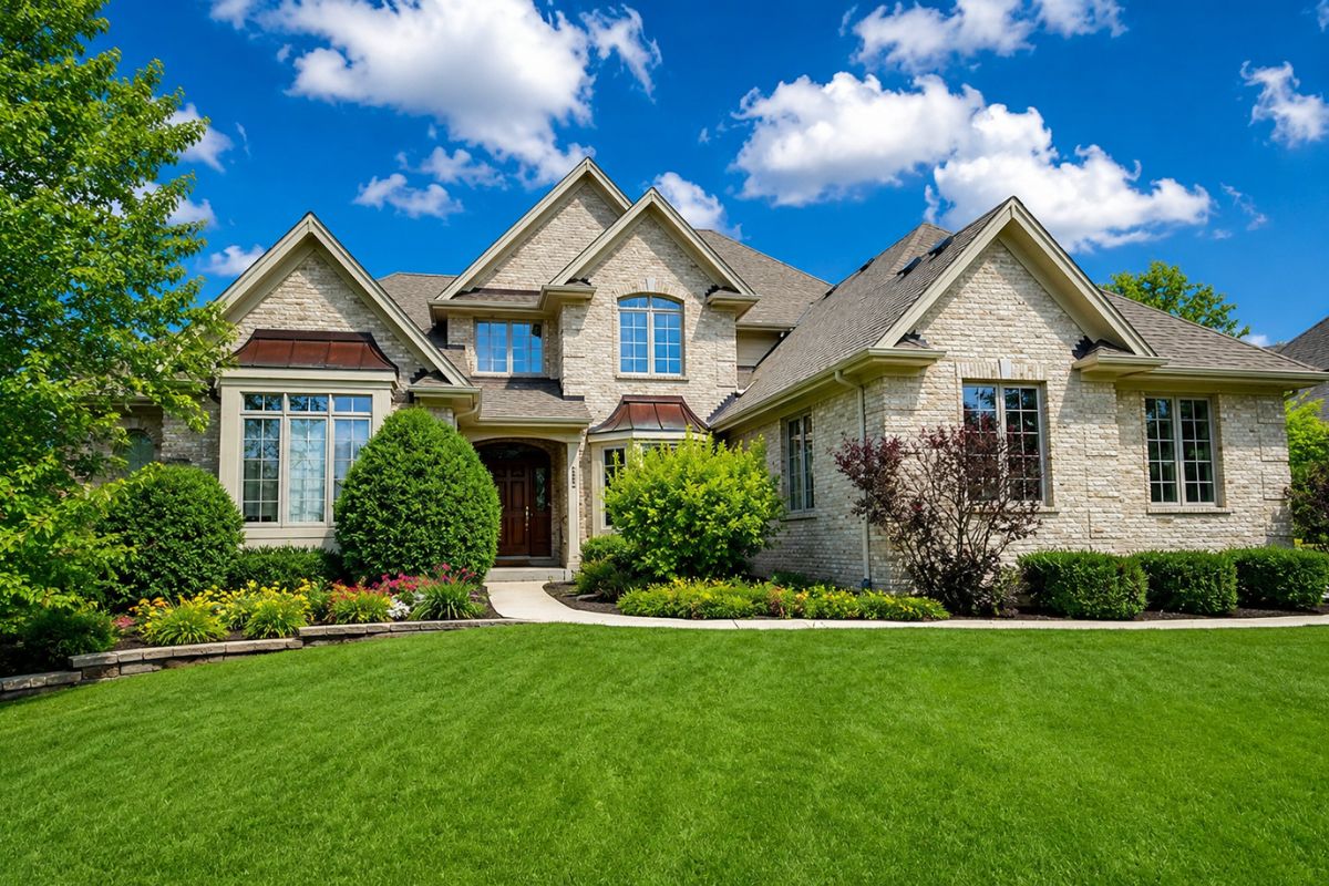 Luxury brick home in the Harvest Ridge neighborhood of Geneva IL with green lawn and landscaping