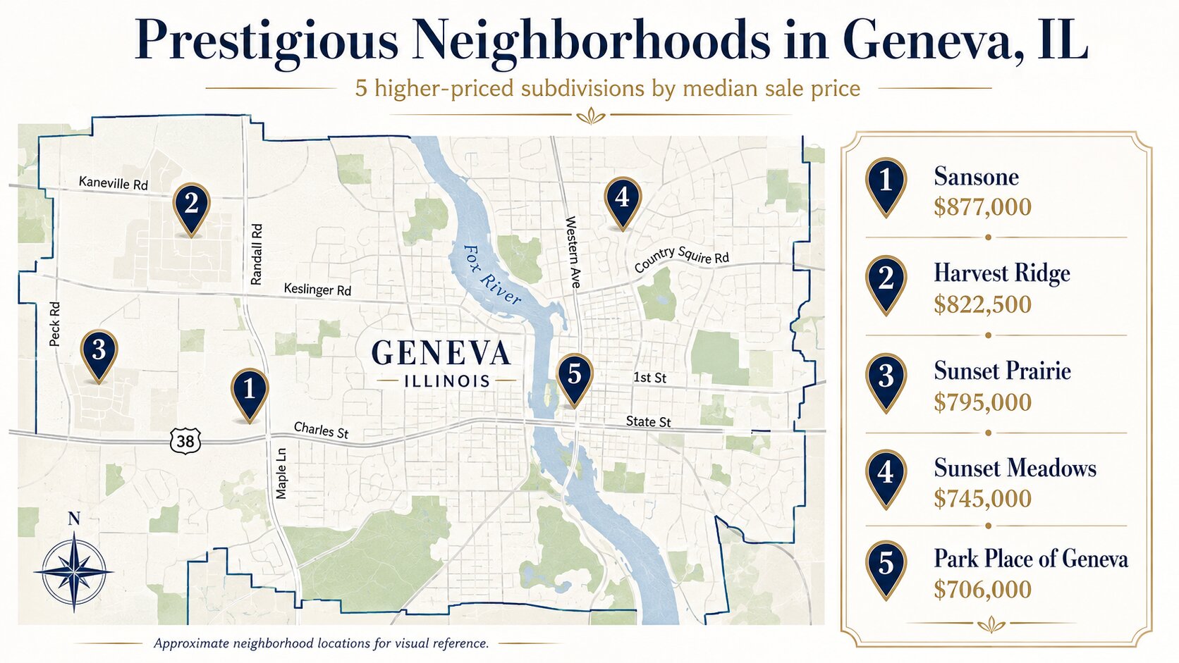 Map showing five prestigious Geneva IL neighborhoods ranked by median sale price.