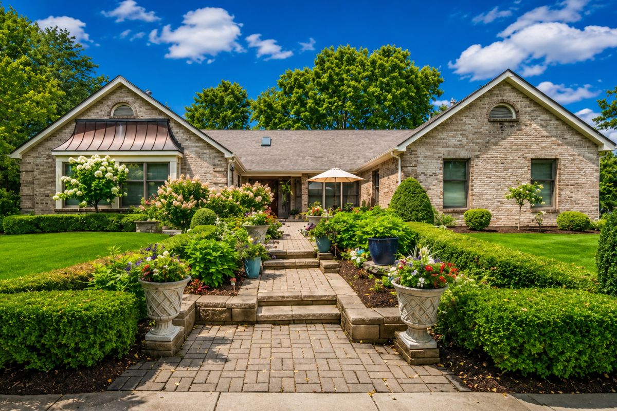 Luxury brick ranch home in the Sunset Meadows neighborhood of Geneva IL with formal landscaping