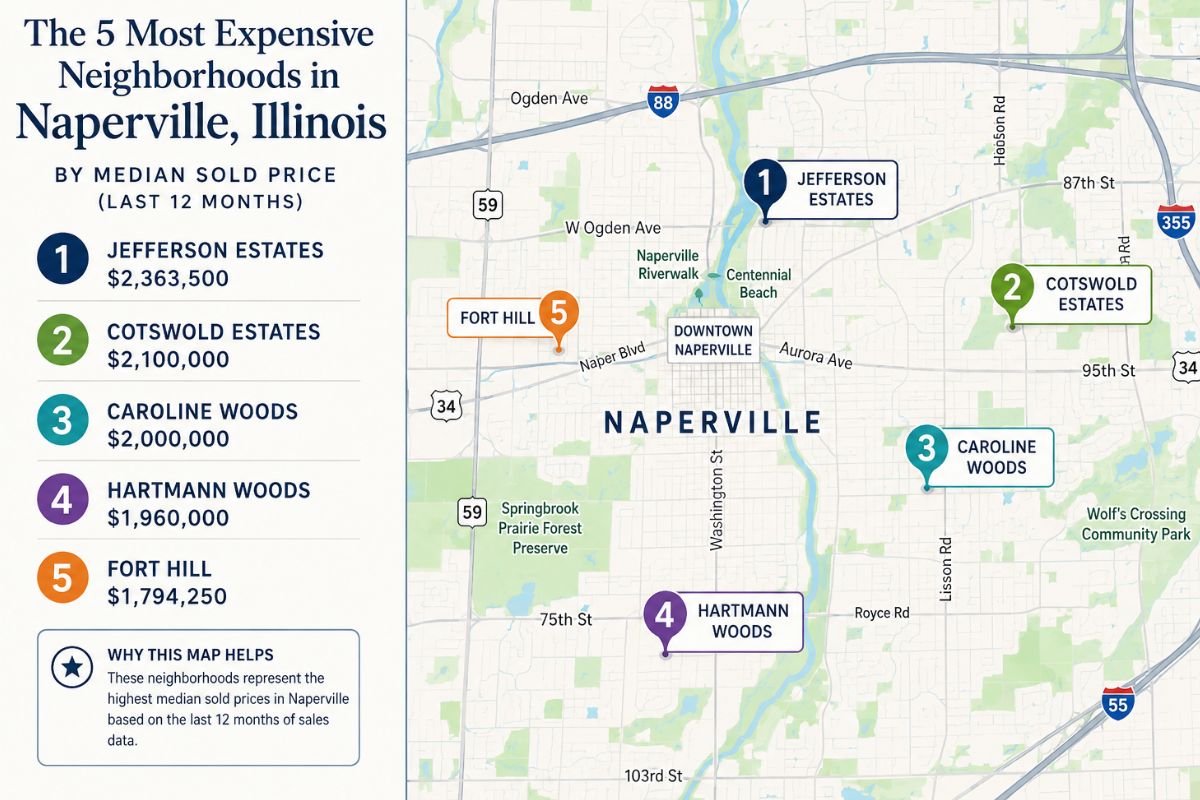 Map showing the five most expensive neighborhoods in Naperville IL ranked by median sold price.