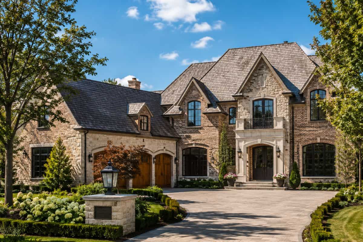 Luxury estate home in Naperville IL with stone and brick exterior, paver driveway and manicured landscaping
