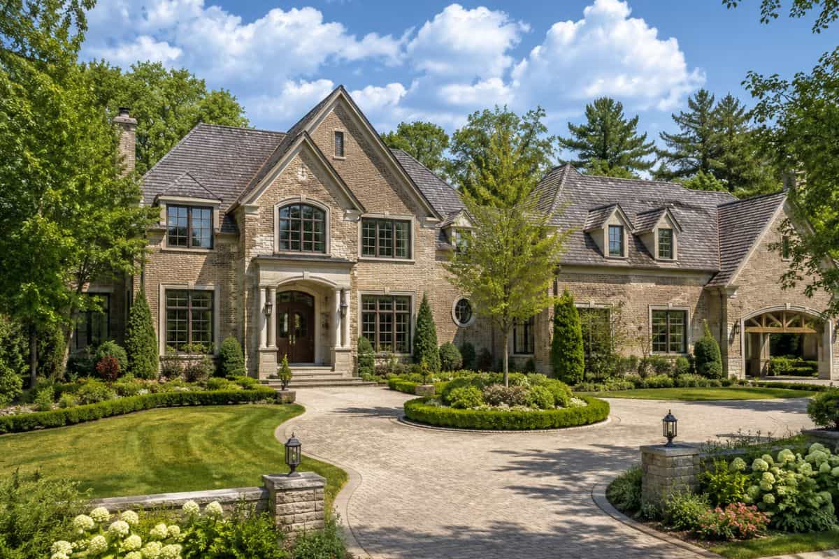 Luxury Naperville IL home with stone exterior, circular paver driveway and mature landscaping