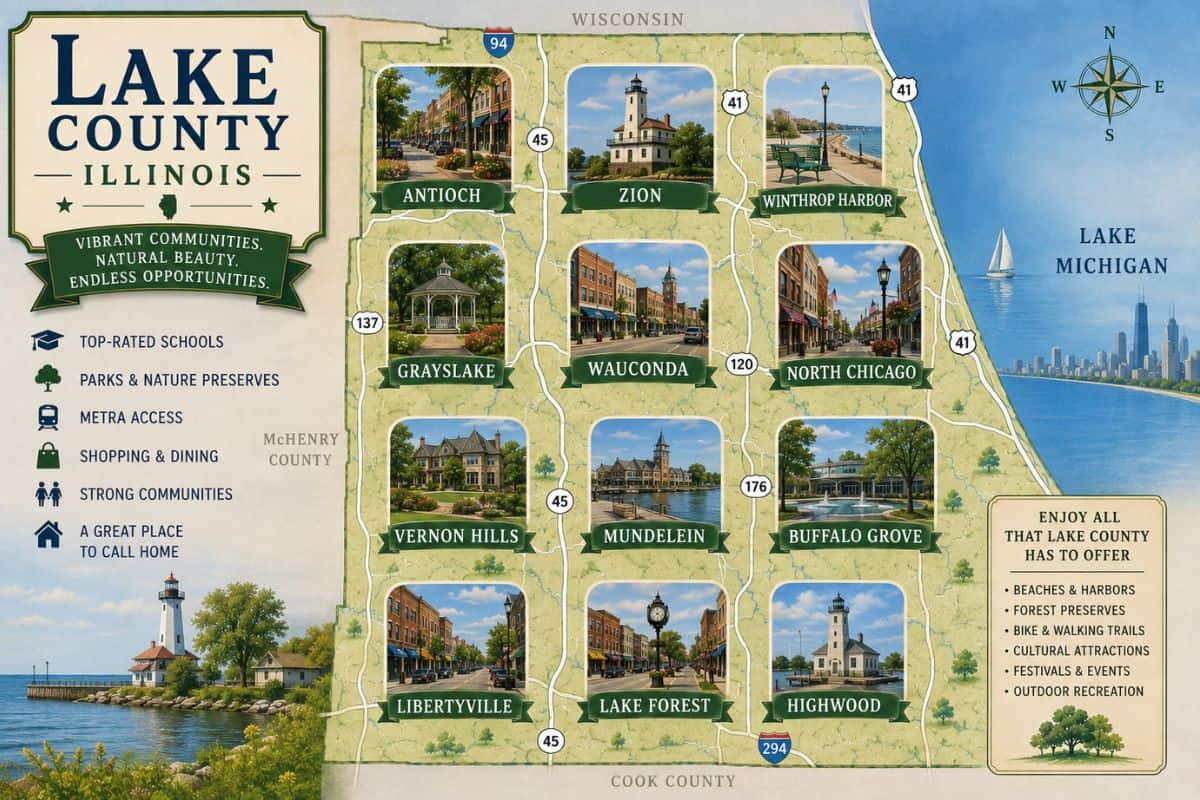Illustrated map of Lake County Illinois featuring Libertyville, Lake Forest, Vernon Hills, Grayslake, Antioch and other communities for Lake County open houses page