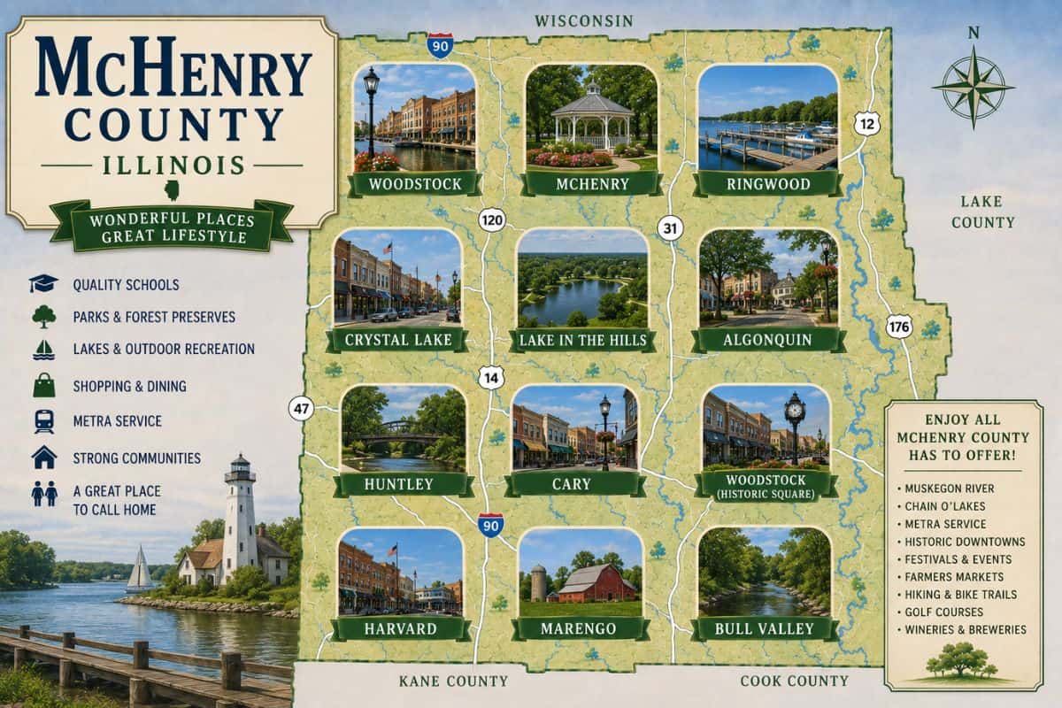 Illustrated map of McHenry County Illinois featuring Crystal Lake, Woodstock, Huntley, Cary, McHenry and other communities for McHenry County open houses page