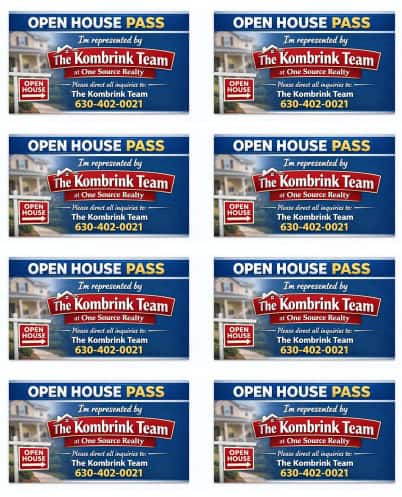 Printable Open House Pass cards stating buyer representation by The Kombrink Team at One Source Realty