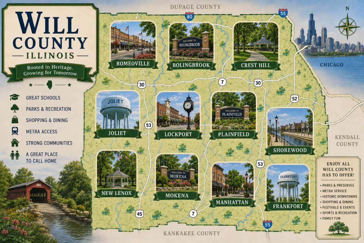 Illustrated map of Will County Illinois featuring Joliet, Plainfield, Bolingbrook, Frankfort, New Lenox and surrounding communities for Will County open houses page