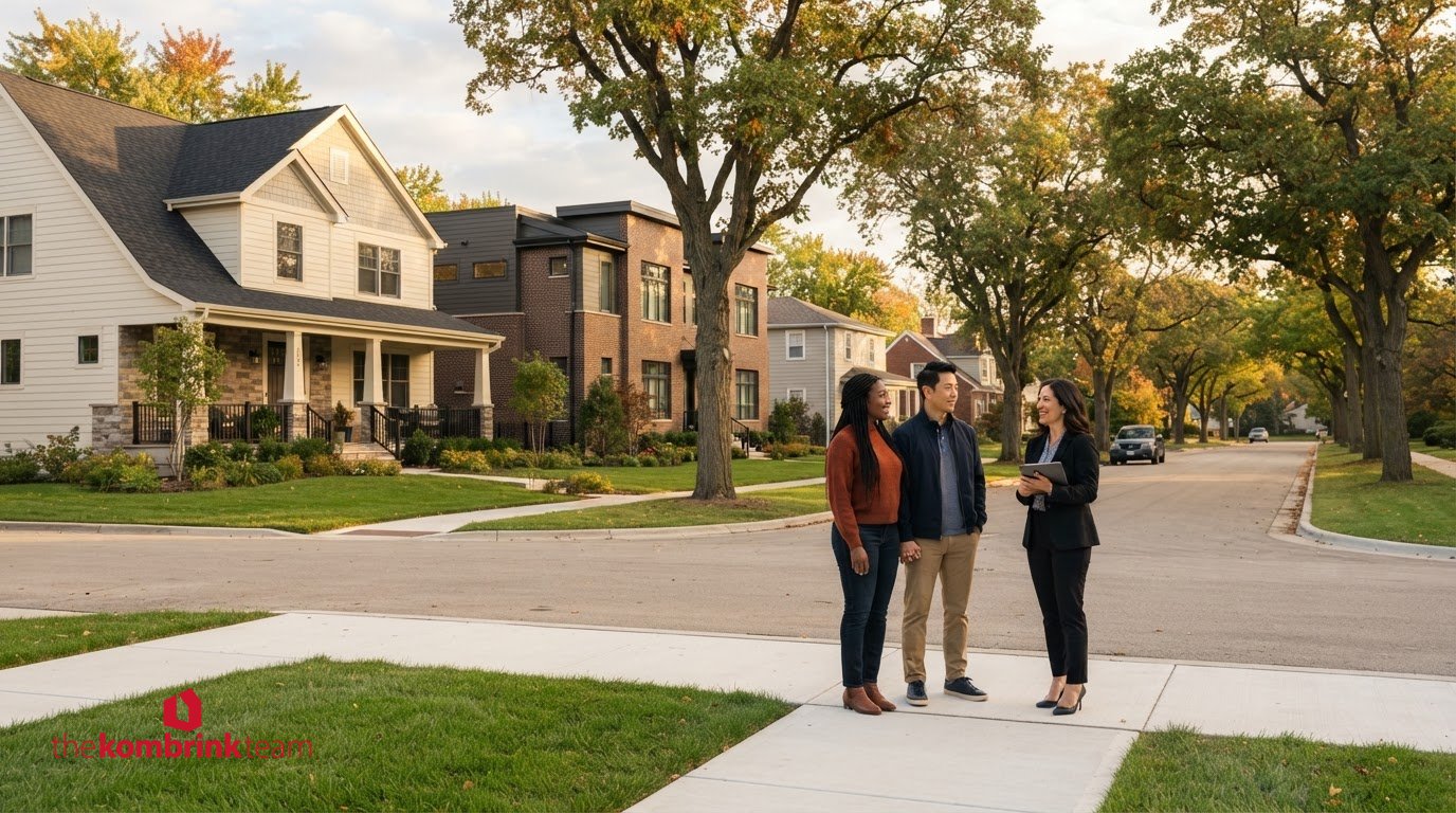Aurora IL neighborhood with home buyers and a real estate agent discussing the local housing market.