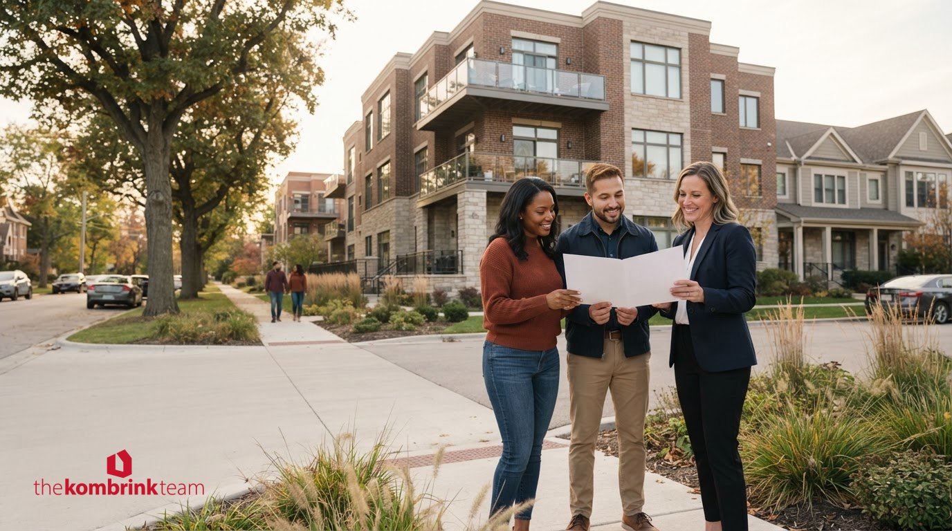 Homebuyers reviewing condo information with a real estate agent in a Batavia, Illinois neighborhood.