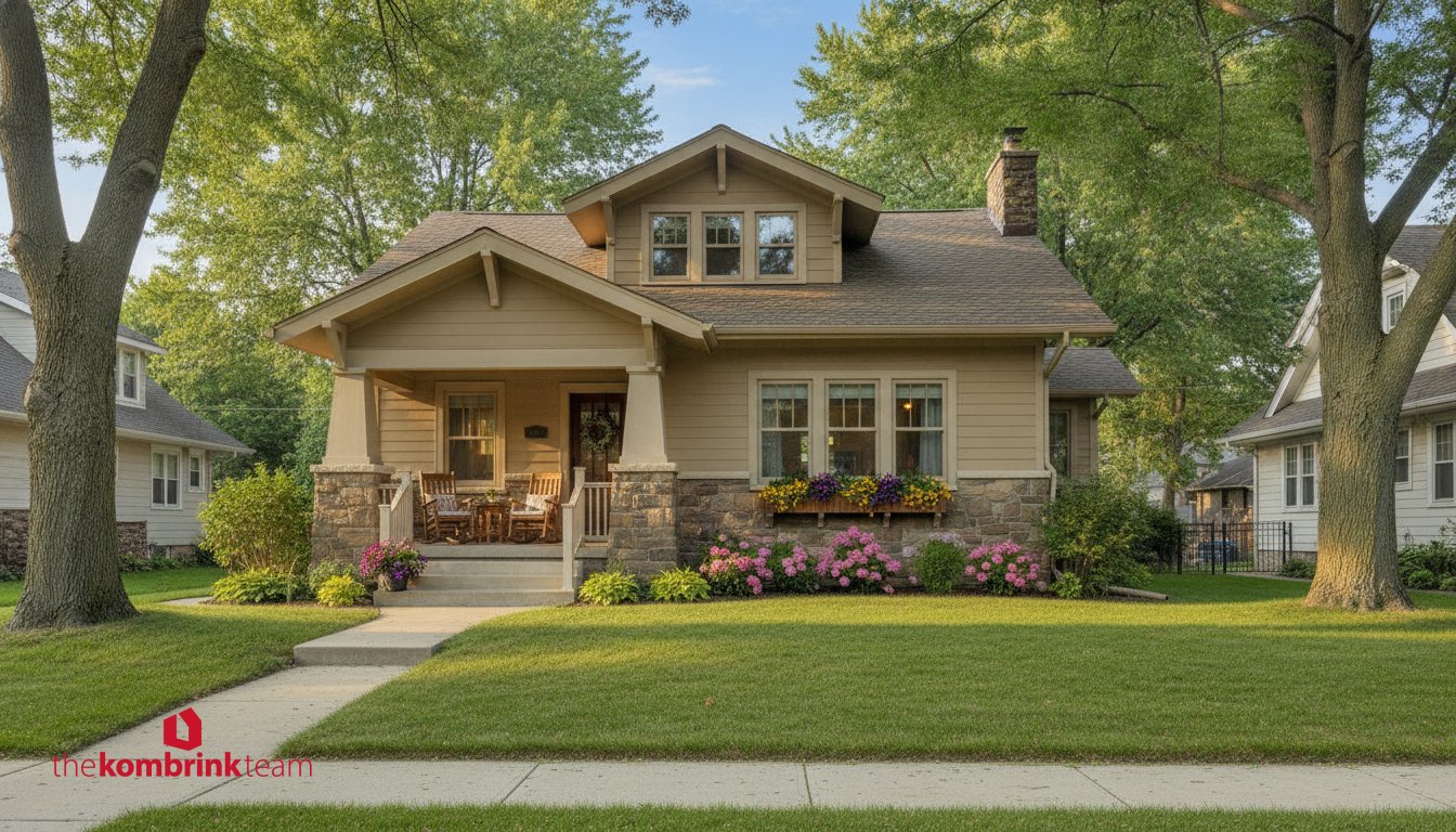 Charming Batavia, IL home with a covered front porch, mature trees, landscaped yard and classic stone accents.