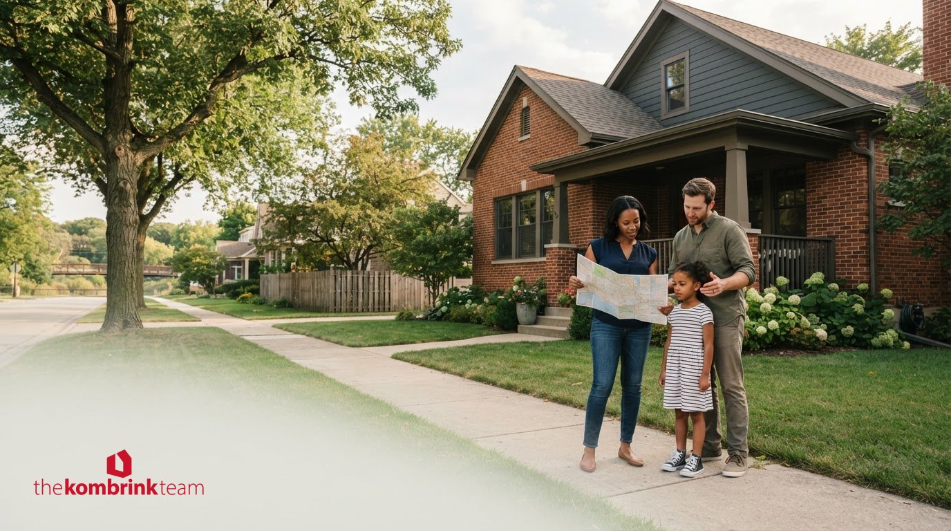 Family reviewing a map outside a Batavia, Illinois home while planning a move from Chicago.