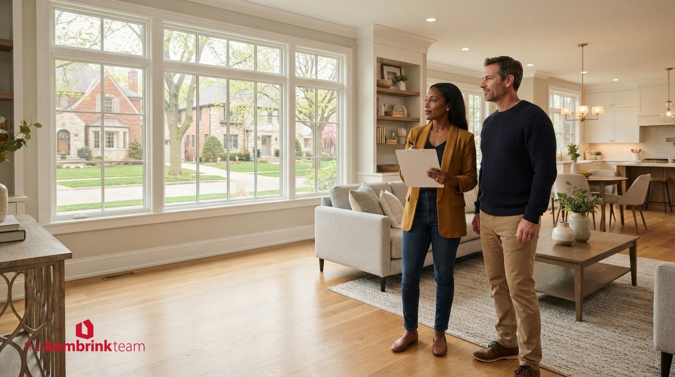 Luxury home buyer touring a Downers Grove property with a real estate agent.