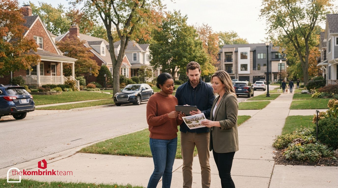 Fox Valley home buyers reviewing neighborhood options with a real estate agent while discussing the 2027 housing market outlook.