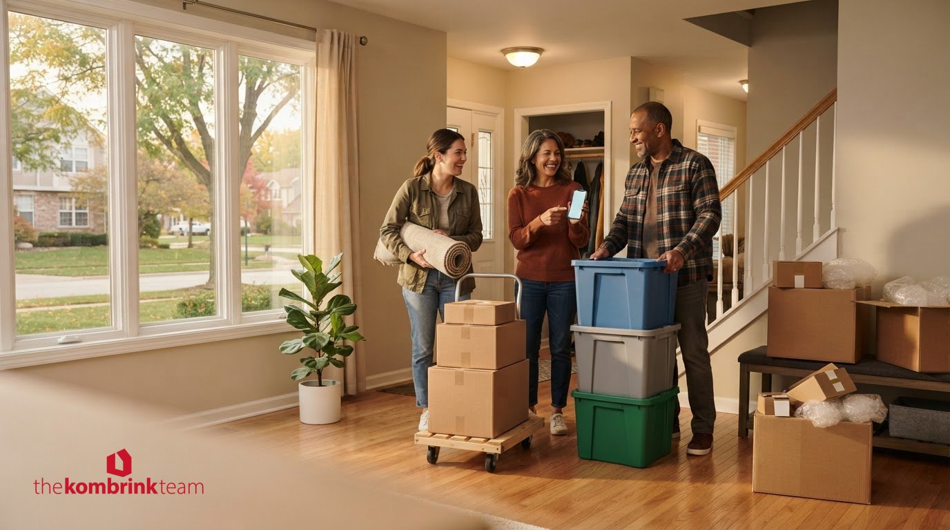 Fox Valley family moving into a Northern Illinois home with boxes and household items during relocation.