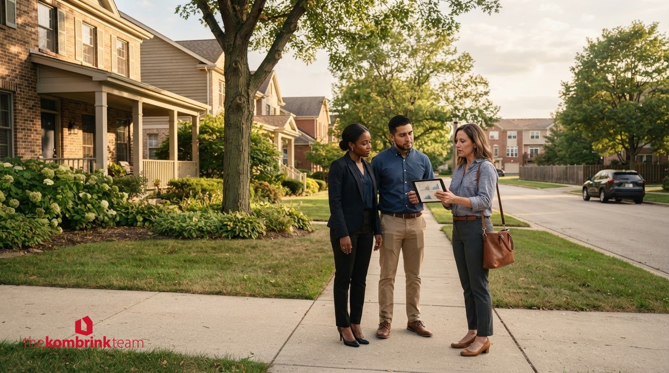 Fox Valley home buyers reviewing mortgage rate and housing market information with a real estate agent in a residential neighborhood.