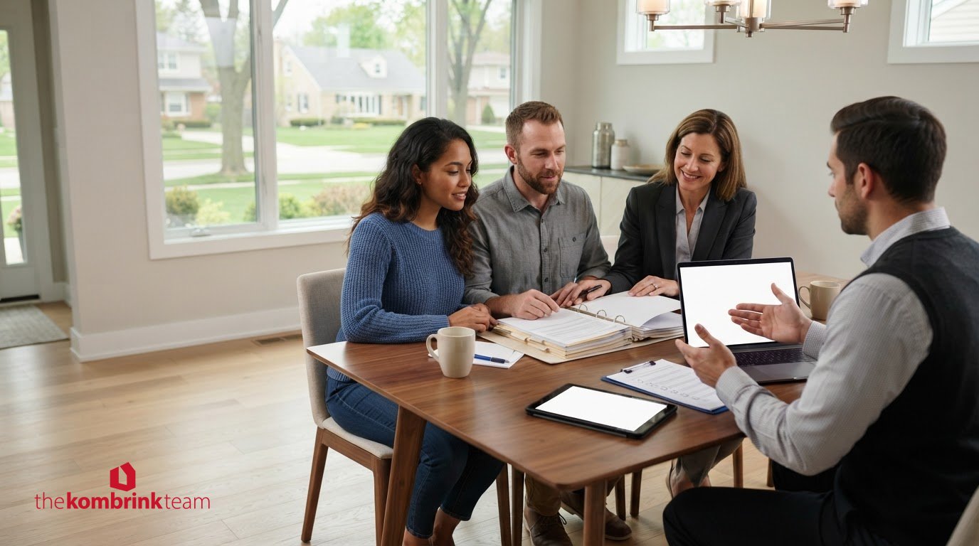Couple reviewing contract paperwork with their agent and attorney after accepting an offer on a house