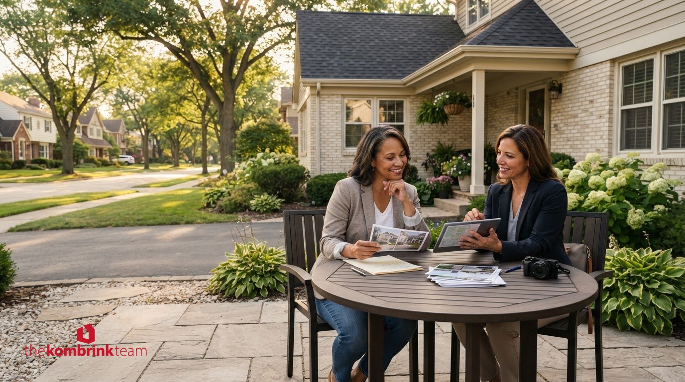 Home seller and real estate agent reviewing listing photos at a patio table outside a Fox Valley home