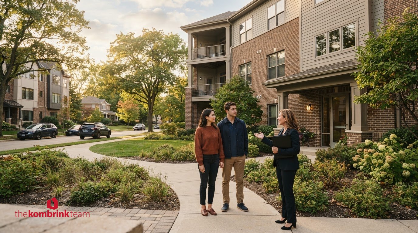 Geneva IL condo community with buyers touring a condominium property with a real estate agent