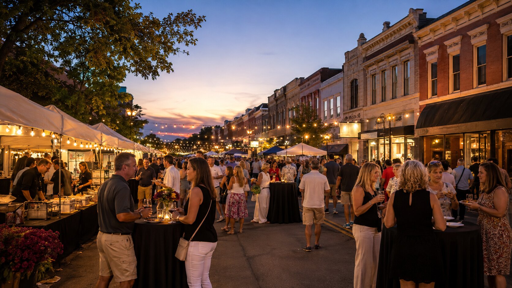 Early evening at Geneva&rsquo;s Festival of the Vine with Flavor Fare tents, wine tastings and crowds along Third Street.