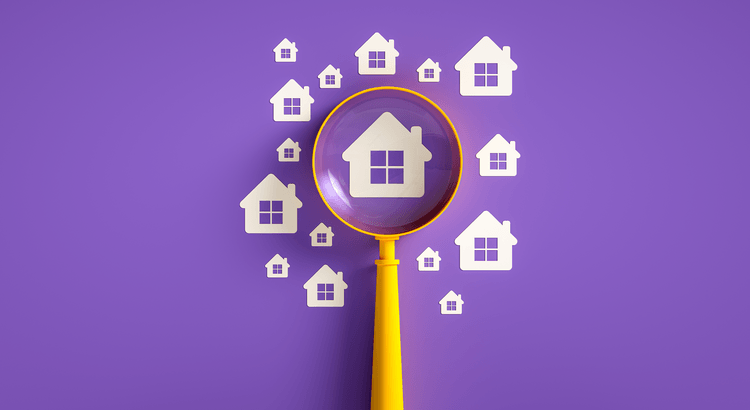 Illustration of a yellow magnifying glass highlighting a house among multiple home icons on a purple background.