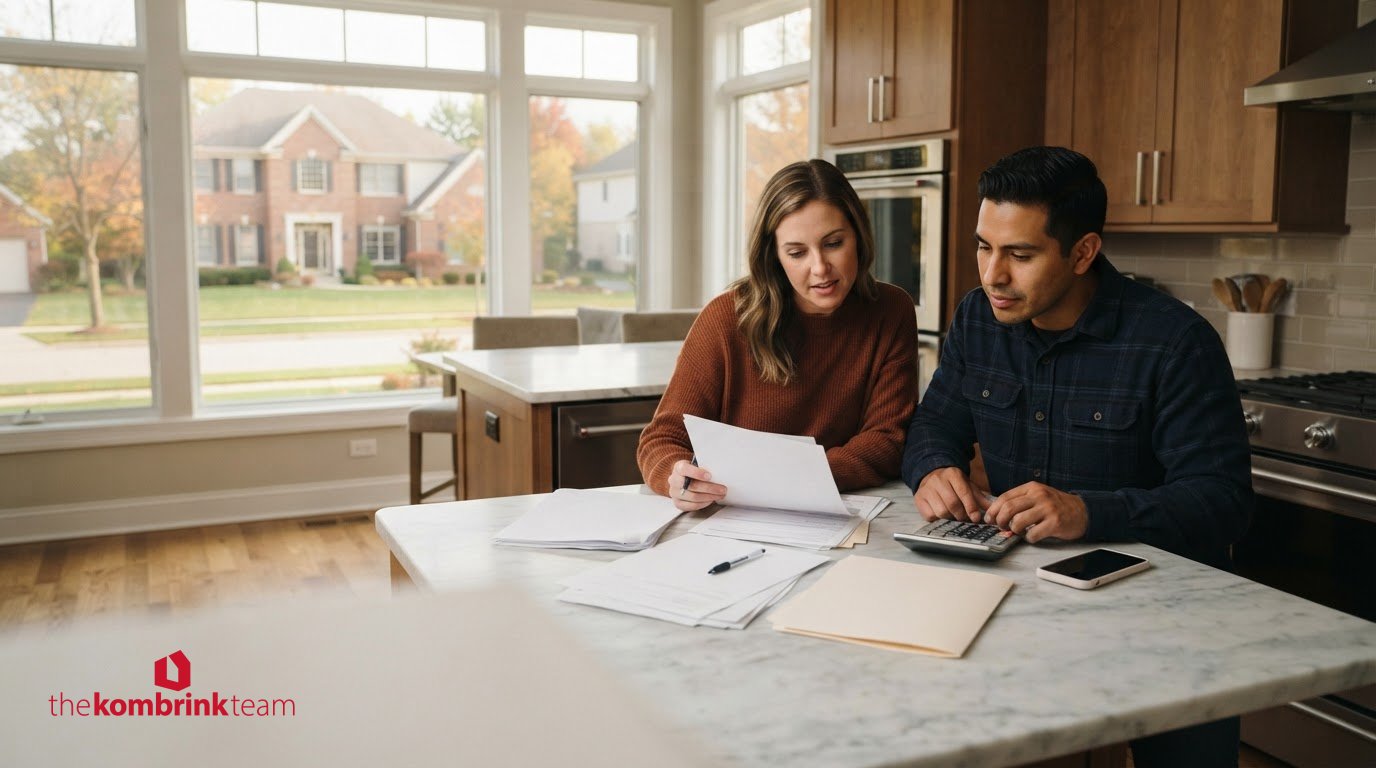 ouple reviewing home-buying costs and cash-to-close expenses at a kitchen counter.