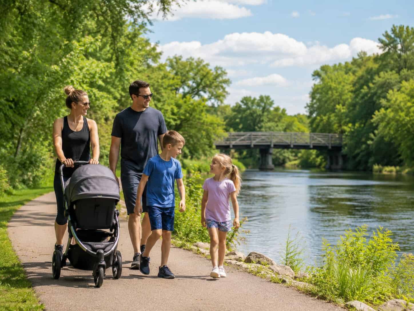 Family with a stroller and two kids walking a paved riverside path along the Fox River on a sunny day in suburban Kane County, Illinois