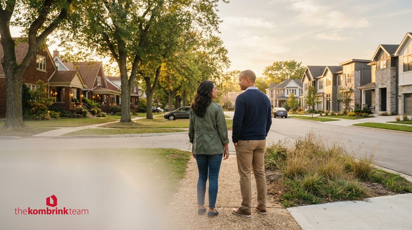 Couple comparing homes in a neighborhood while considering Kane County vs. DuPage County real estate.