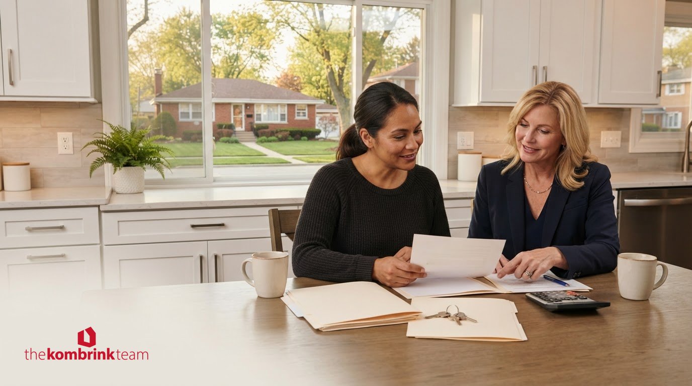 Realtor reviewing documents with a homeowner while preparing to sell an inherited house in Illinois.