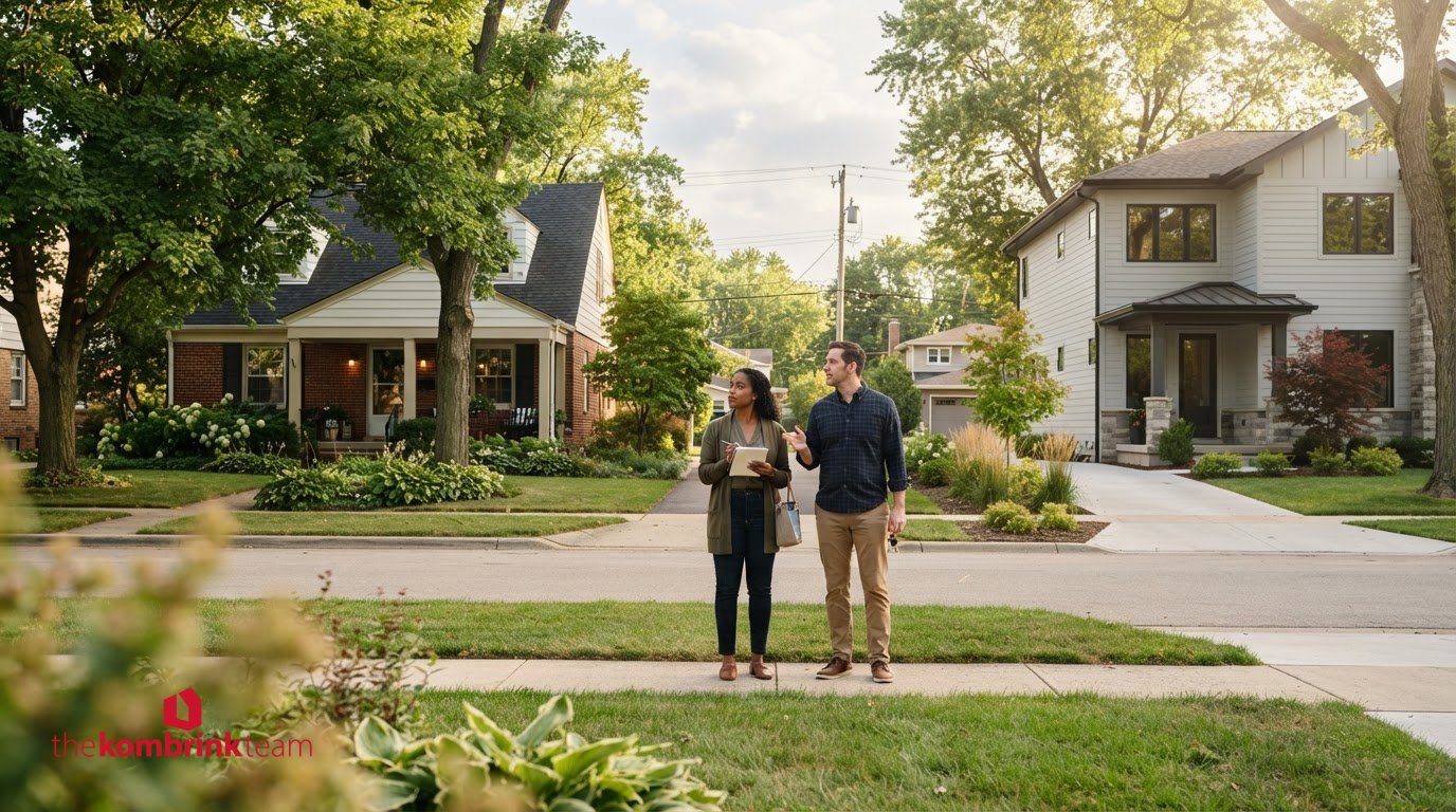 St. Charles IL buyer comparing a new construction home and resale home in a residential neighborhood.