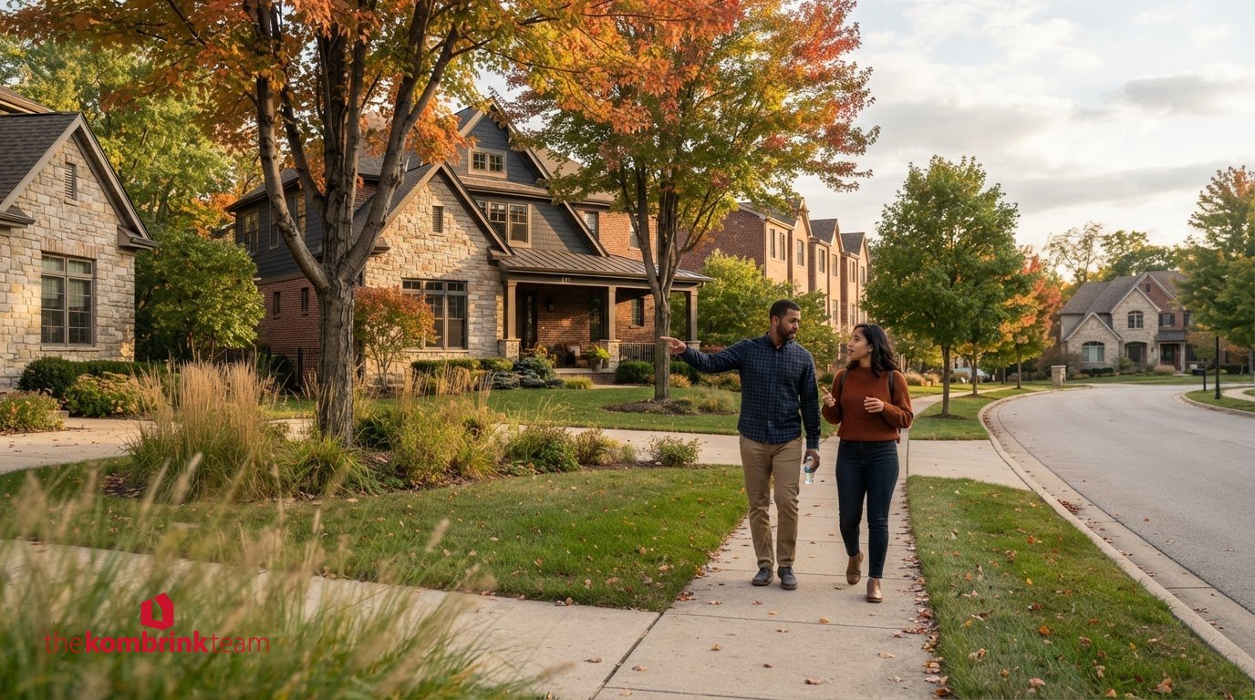 St. Charles IL neighborhood with home buyers comparing properties and researching local home prices.