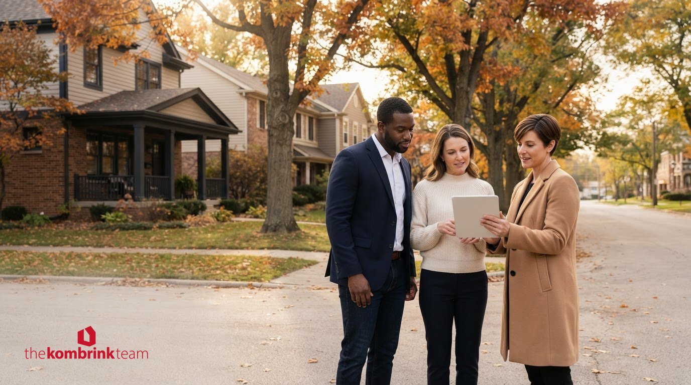 Home buyers reviewing St. Charles IL housing market data on a tablet with a real estate agent on a tree-lined street in fall